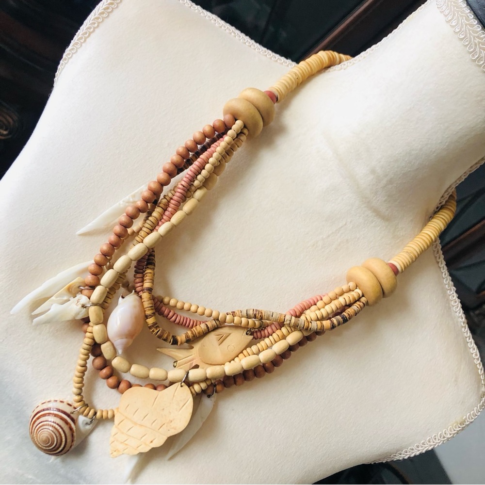 Vintage handmade boho wood and shell necklace